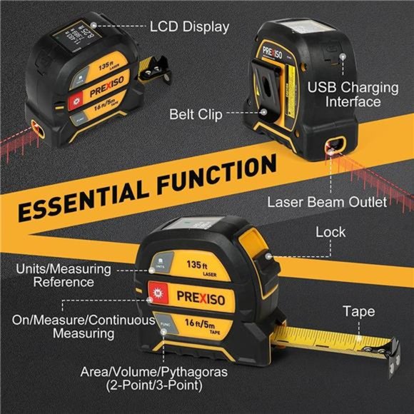 2-in-1 Laser Tape Measure, 135Ft Laser Measurement Tool & 16Ft Measuring Tape - Picture 2 of 6